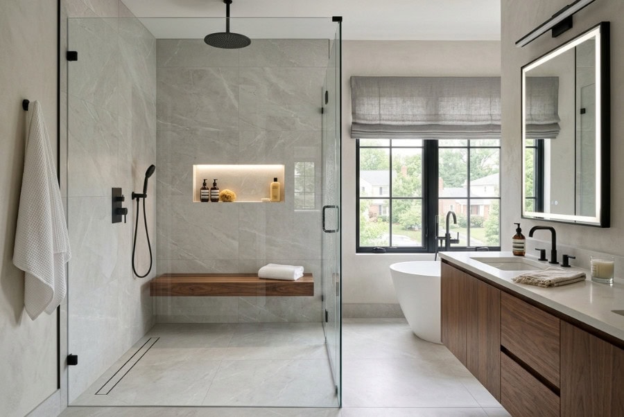 Modern walk-in shower with frameless glass and luxury contemporary design