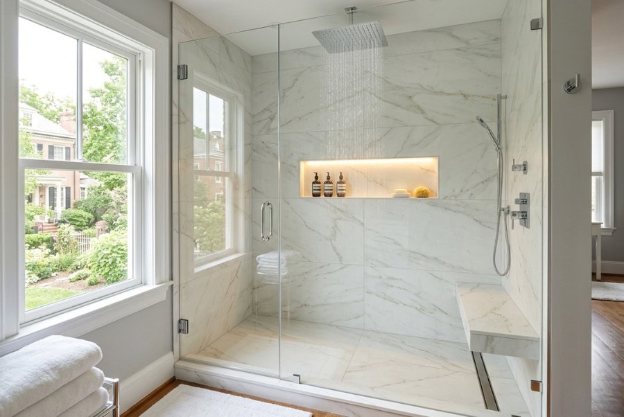 Luxury walk-in shower with premium remodeling features in an Alexandria VA home.
